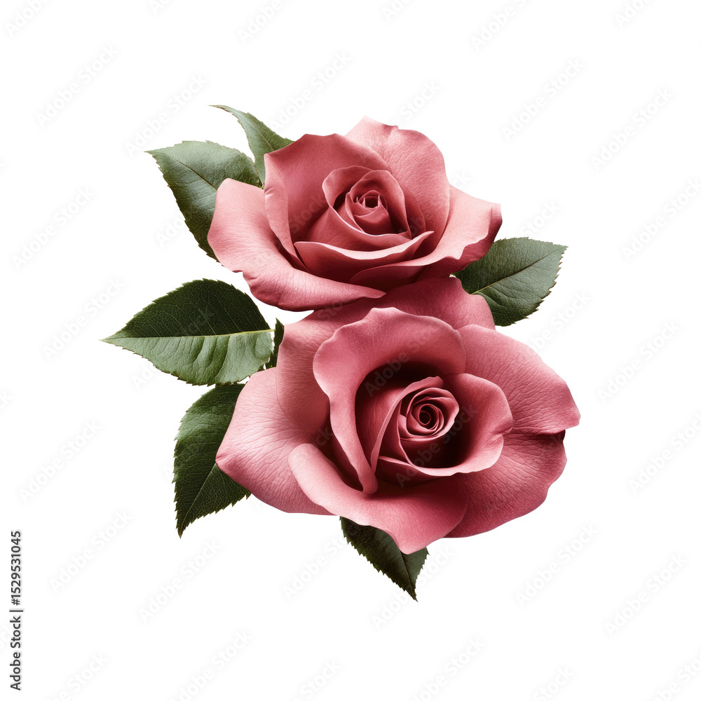 Naklejka premium Two Delicate Pink Roses with Lush Green Leaves on Transparent Background