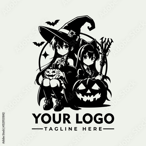 Cartoon little witch in large hat standing beside carved Halloween pumpkin with smiling face in monochrome style. Holiday concept
