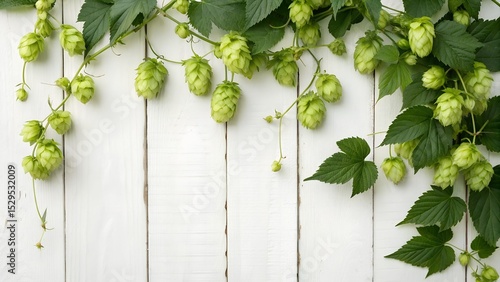fresh green hops leaves frame with white background,for craft beer label