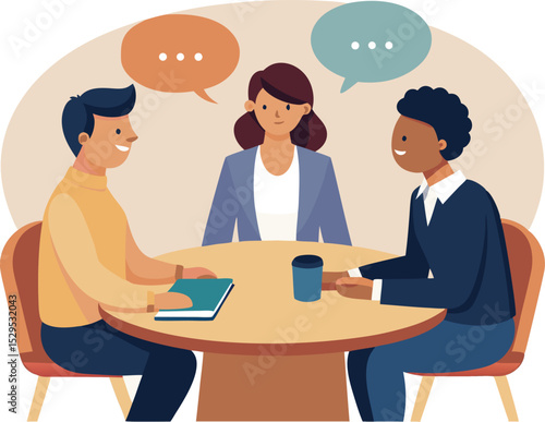 Three diverse business professionals having team meeting discussion at office table with laptops and coffee cups