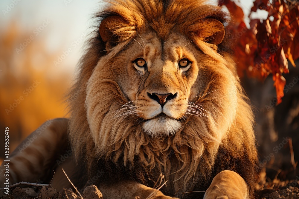 Fototapeta premium A majestic lion with a beautifully flowing mane rests in the warm amber light of the savannah, representing strength, majesty, and the untamed beauty of wildlife.