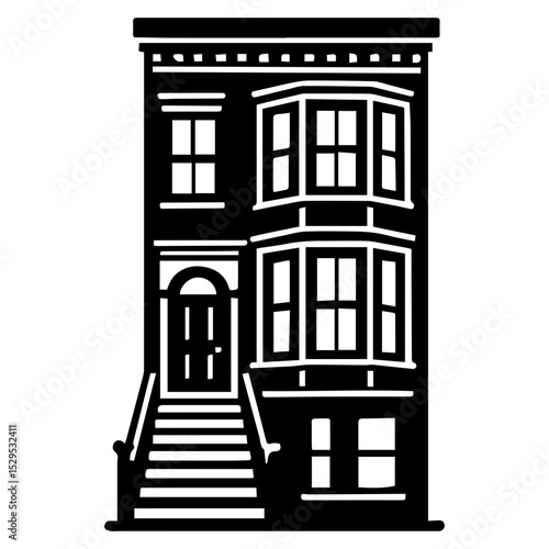 Brownstone house icon representing classic urban residential architecture with stoop and windows on transparent background
