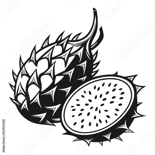 Monochrome shows a whole and a sliced kiwano with spiky outer skin