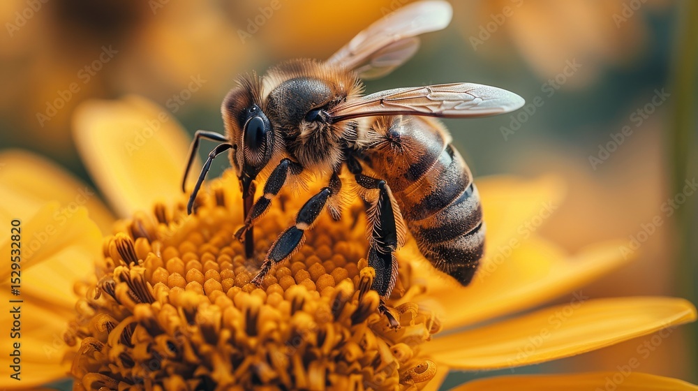 Fototapeta premium A close-up of a busy bee collecting nectar from a bright flower, symbolizing the vital role of pollinators and the beauty of nature's intricate relationships in the ecosystem.