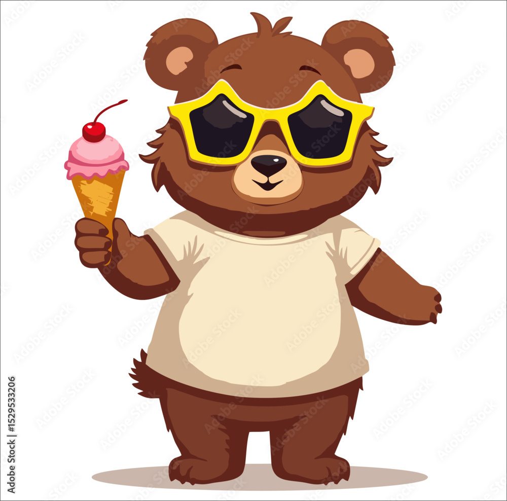 Vector fashion design for children t-shirt. Cute brown teddy bear in sunglasses with cherry ice cream isolated on transparent background. Cartoon print for fabric, clothing for boy and girl. Vector fashion design for children t-shirt. Cute brown teddy bear in sunglasses with cherry ice cream isolated on transparent background. Cartoon print for fabric, clothing for boy and girl.