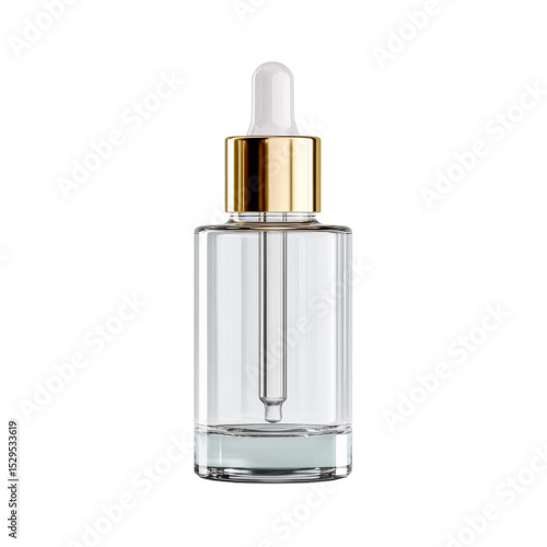 Clear Glass Dropper Bottle with Golden Lid and Pipette for Essential Oils and Serums in a Minimalist Design Transparent background or png