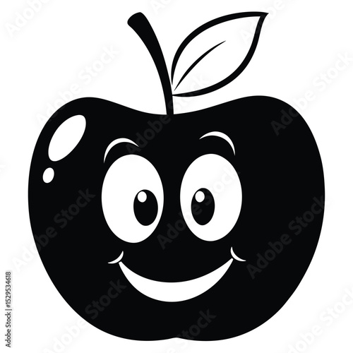 Black apple character happily smiles with bright white eyes and a leaf