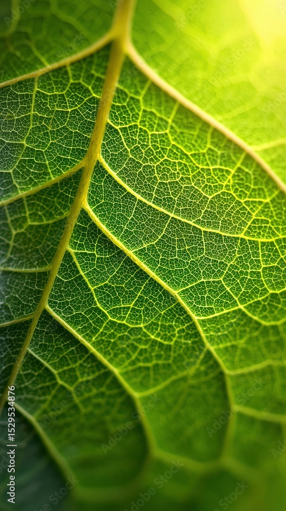 Obraz premium Macro texture of leaf veins backlit by the sun, glowing green with visible structure and organic grid