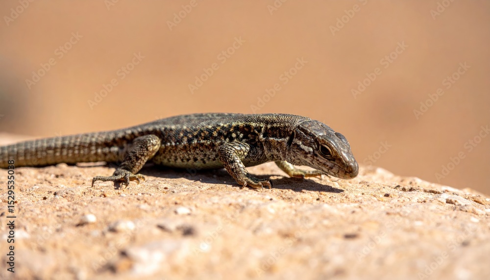 Naklejka premium Sunbathing Common Wall Lizard Resting on Stone Surface in Natural Habitat
