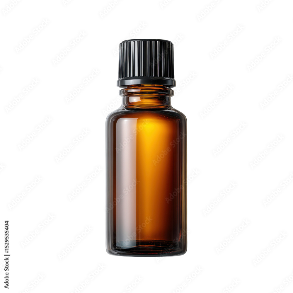 Brown Glass Bottle with Black Cap for Essential Oils, Perfumes, or Liquid Products Displayed on a White Background Transparent background or png Brown Glass Bottle with Black Cap for Essential Oils, Perfumes, or Liquid Products Displayed on a White Background Transparent background or png