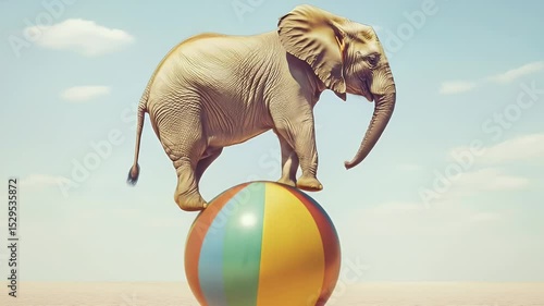 Elephant balanced on colorful ball against light sky whimsical surreal image