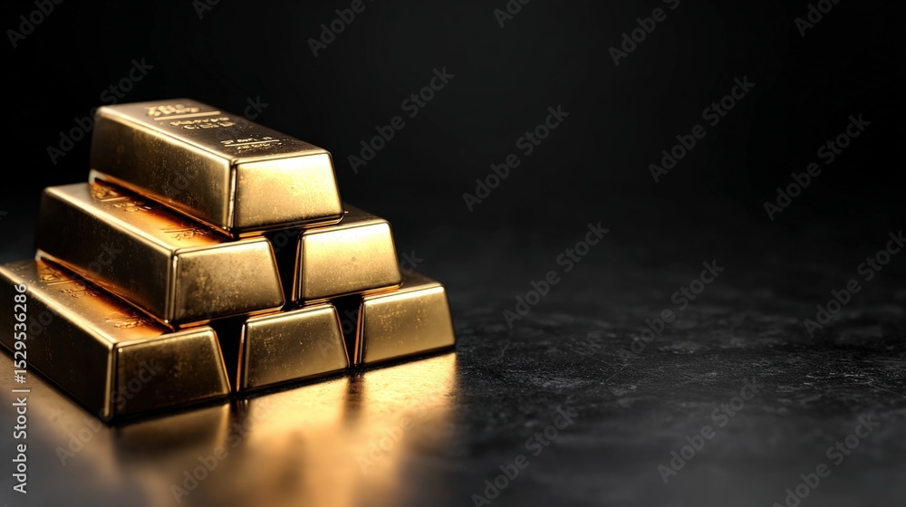 A stack of shiny gold bars is placed on a reflective dark surface, highlighting their metallic luster and value against a black background. A stack of shiny gold bars is placed on a reflective dark surface, highlighting their metallic luster and value against a black background.