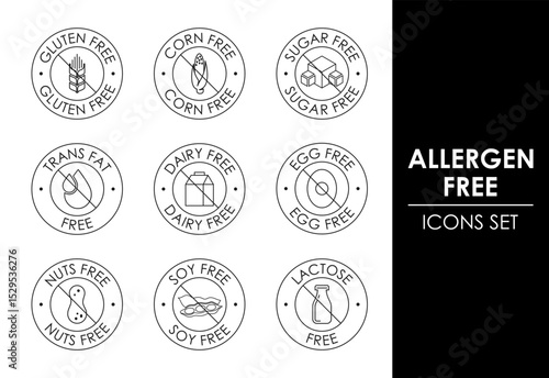 Allergen free icon set. Allergen free products symbols. Lactose free, gluten free, sugar free, corn free, egg free, trans fat free, soy free, nuts free, dairy free sign