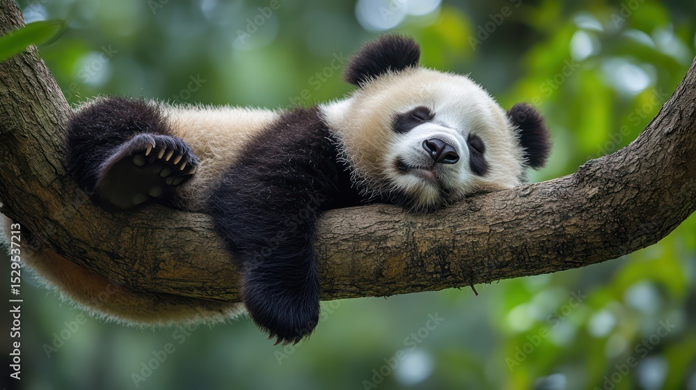 Obraz premium Lazy Panda Bear Sleeping on a Tree Branch,