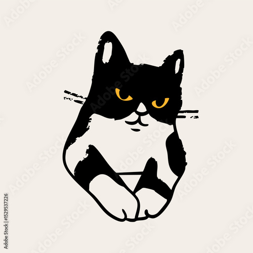 Black and white cat peeking, looking out. Funny character with yellow eyes. Cute emotional domestic animal. Hiding, hunting, playing concept. Hand drawn Vector illustration. Isolated element
