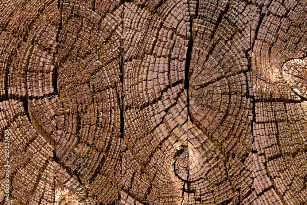 Fototapeta premium Wooden background of cracked knotted glued wood from cut tree sections with brown grained weathered texture