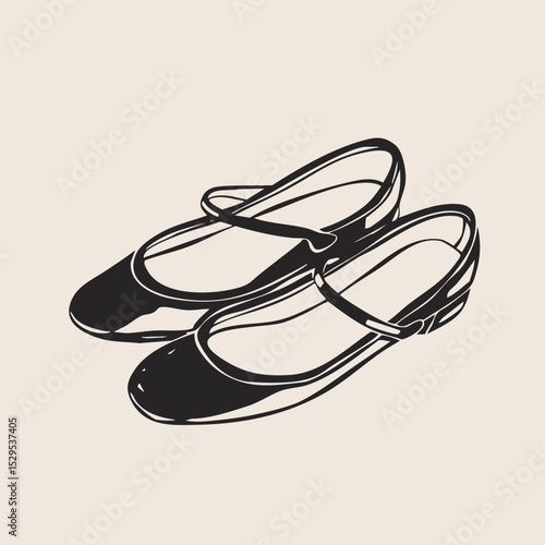 Black ballet shoes. Casual formal leather footwear for women, men. Hand drawn modern Vector illustration. Trendy monochrome style. Isolated design element