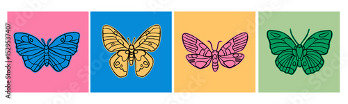 Various colorful Butterflies, moths. Abstract simple shapes. Hand drawn modern Vector illustration. Isolated design elements. Poster, logo, sticker, print, design templates