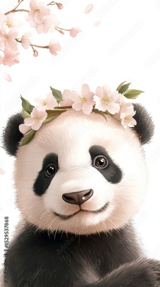 Naklejka premium Adorable panda bear wearing a floral crown, surrounded by delicate cherry blossom branches, showcasing a playful and charming expression in a whimsical illustration style