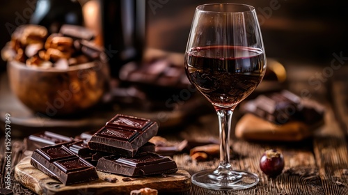 Dessert setting with glass of port wine and dark chocolate