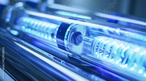 Close-up of UV light device emitting blue glow on clear skin, dermatology treatment for acne or skin disinfection, medical technology and skincare concept.