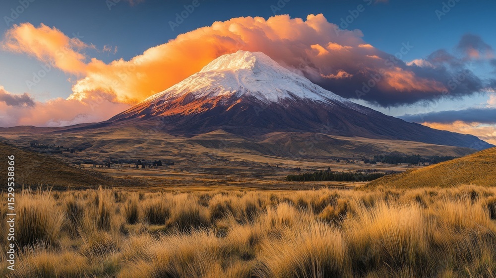 Fototapeta premium Snow Capped Volcano Sunset Landscape
