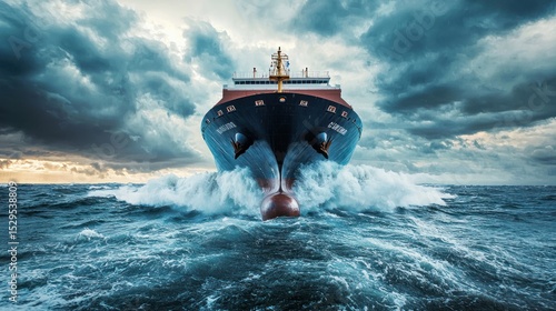 Front view of a massive cargo ship breaking through ocean waves