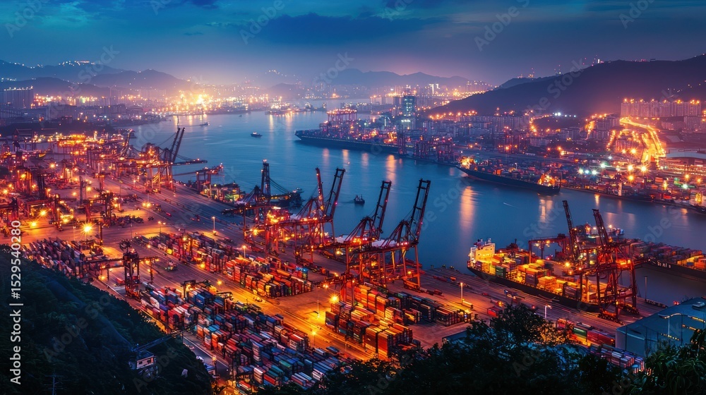 Obraz premium Night view of illuminated China port with cargo traffic