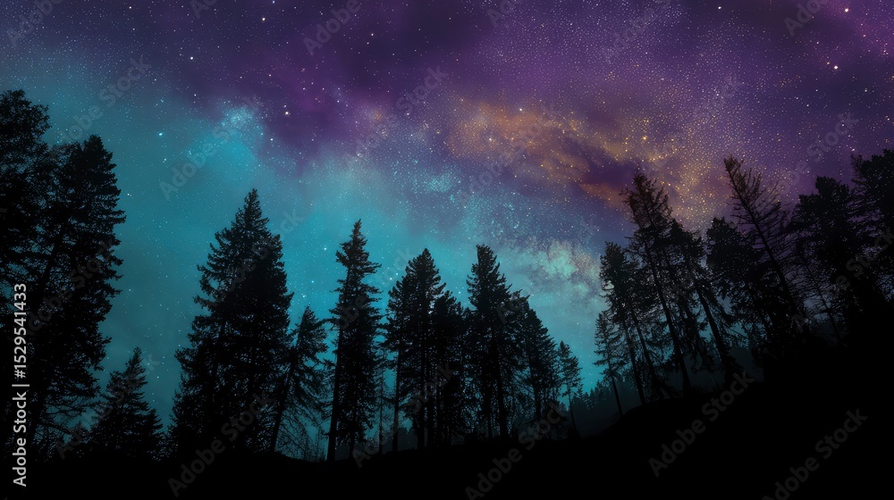 Silhouettes of dense pine trees on a ridge, sharp black against a glowing cosmic sky with swirling nebulas Silhouettes of dense pine trees on a ridge, sharp black against a glowing cosmic sky with swirling nebulas