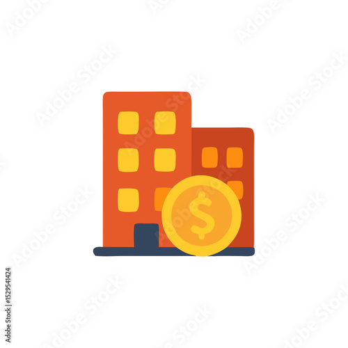Flat Icon Design Office Building and Gold Coin Representing Financial Investment or Real Estate