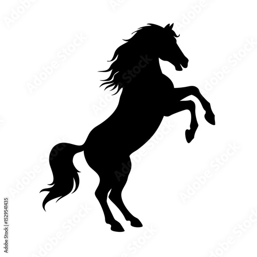 A black silhouette of a horse rearing up on its hind legs, mane and tail flowing dramatically.