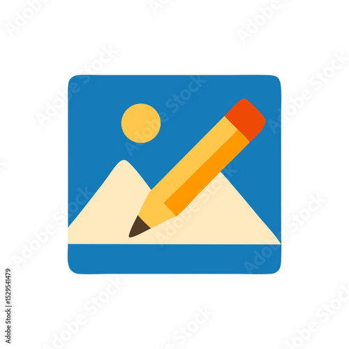 Colorful Pencil Icon Drawing on a Simple Landscape Image within a Blue Square Frame
