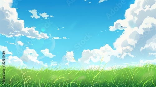Enchanting Scenery of Lush Green Grassland under a Vast Blue Sky with Floating White Clouds: A Serene Natural Tapestry