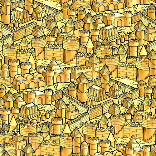 Seamless pattern of detailed sandcastles in various shapes and sizes. Rich golden texture, perfect for summer, beach-themed designs, children’s products, wrapping paper, and backgrounds