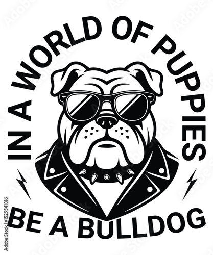 Cool Bulldog with Sunglasses and Leather Jacket T-Shirt Design
