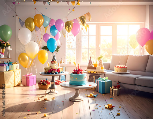 Birthday party table with cake and candles in a decorated dining room