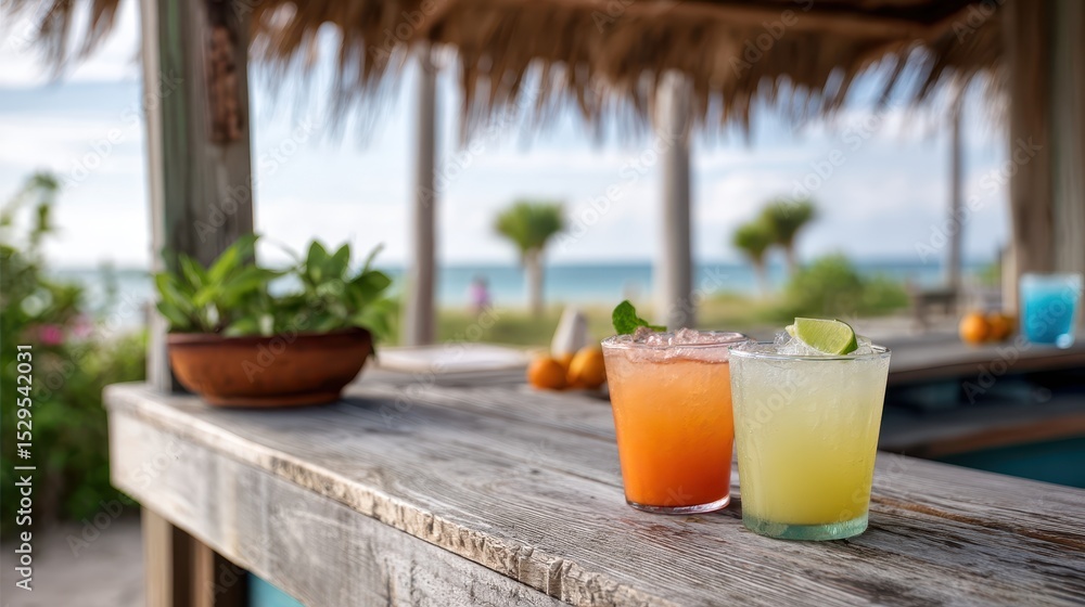 Fototapeta premium Breezy Beach Bar Overlooking Waves with Drinks
