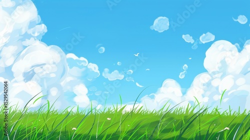 Enchanting Scenery of Lush Green Grassland under a Vast Blue Sky with Floating White Clouds: A Serene Natural Tapestry
