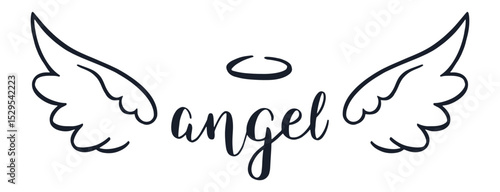 Hand drawn angel wings and halo evoke feelings of spirituality, hope, and divine presence, fostering a serene and uplifting atmosphere filled with grace and purity