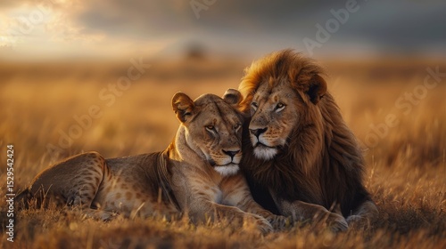 A majestic lion and lioness cuddle against a golden sunset, symbolizing love, companionship, and the beauty of wildlife in their natural habitat during twilight.