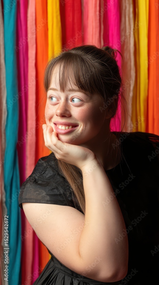 Fototapeta premium Studio portrait of a woman with Down syndrome, colorful backdrop, professional lighting