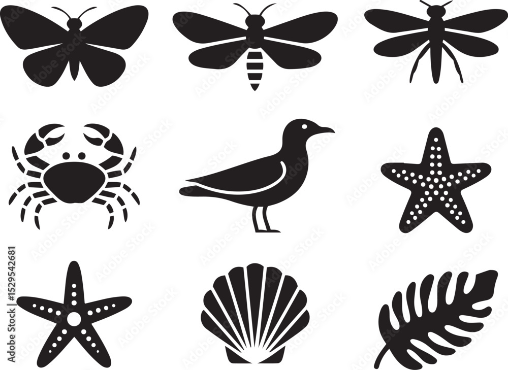 Naklejka premium Silhouette icon set of summer wildlife and nature elements including butterfly, bee, dragonfly, seagull, crab, starfish, seashell, and tropical leaf