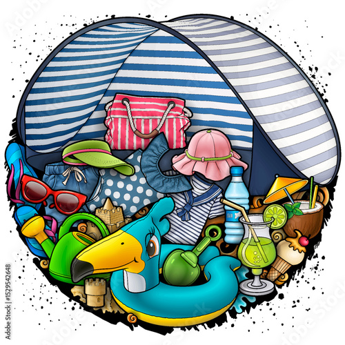 Colorful beach tent composition with summer clothes, drinks, accessories, and inflatable toys. Round layout, fun and detailed – great for vacation ads, kids’ designs, and seasonal products