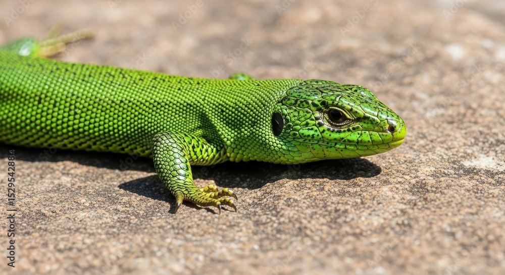 Naklejka premium Vibrant Green Lizard Basking on a Rock Close-up Photography