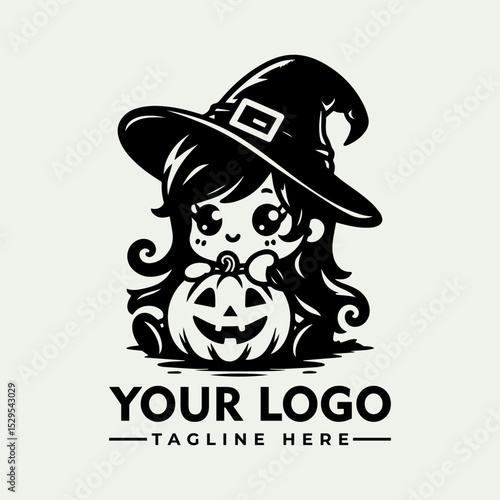 Cartoon little witch in large hat standing beside carved Halloween pumpkin with smiling face in monochrome style. Holiday concept
