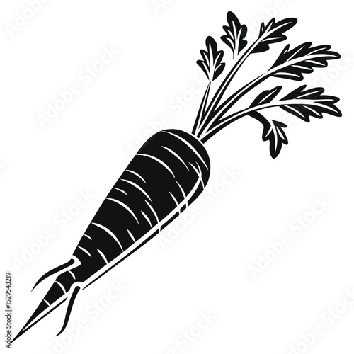 A stylized black and white carrot vegetable appears fresh and ready to eat