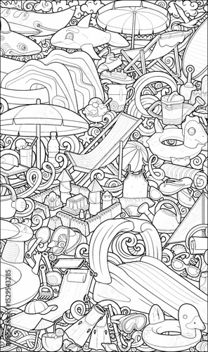 Line art beach and water park illustration full of inflatable toys, slides, tents, sandcastles, and summer accessories. Fun, detailed, and perfect for vacation or kids’ content.