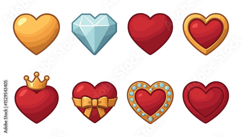 Luxury Heart Designs Concept isometric set. Gold heart, diamond heart, velvet heart, metallic edge heart, crown-topped heart, premium ribbon heart.