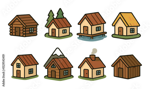 Cottage & Cabin Homes Concept isometric set. Log cabin, forest cottage, lakefront hut, thatched roof home, tiny house, mountain lodge, fireplace cottage.