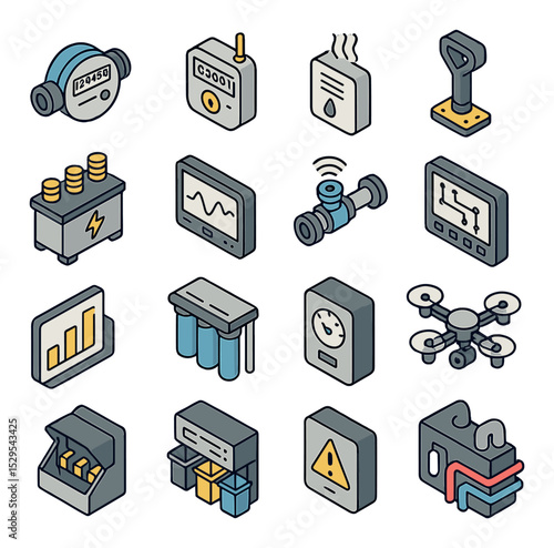 Smart utilities isometric set. water flow meter, smart electricity meter, gas leak sensor, underground utility scanner, smart power transformer, real-time